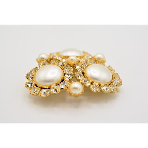Vintage Crystal Pin Brooch Pearl Prong Cluster Gold Rhinestone Chunky 80s BinAC - Picture 8 of 12